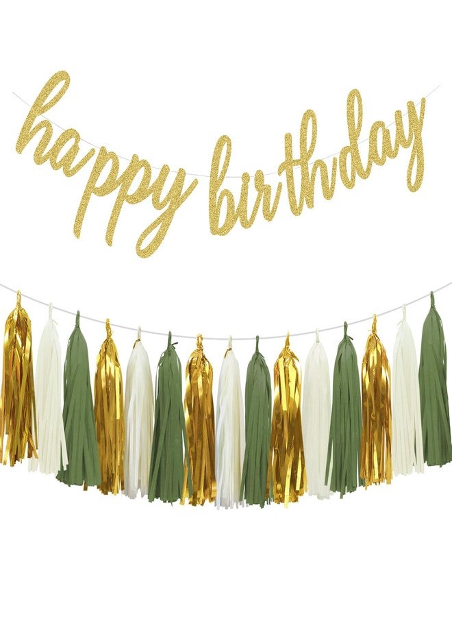 Aonor Happy Birthday Decorations - Gold Happy Birthday Banner and Paper Tassel Garland for Sage Green Birthday Party Decorations - Image 1